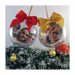 Bola de Natal Personalizada Acrílico 7x7cm Impressão Colorida Transparente Laço Cetim Personalizada